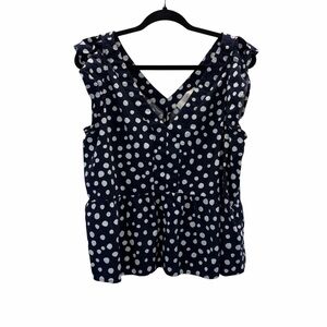LOFT Navy Polka Dot Peplum Top V Neck Sleeveless Ruffle Shoulder XL